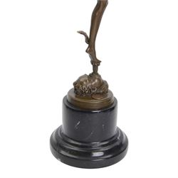 After Giambologna (Flemish 1529-1608): Bronze figure of Mercury holding a caduceus, on black marble base H43cm