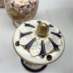 Three Bloor Derby Imari pattern twin handle urms, two examples with covers, each with mark beneath, H12cm, (all a/f), together with a pair of late 19th century Royal Crown Derby Imari pattern urns and covers, each with mark beneath, H13cm, (one significantly a/f). 