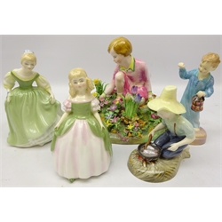  Four Royal Doulton figures - 'Fair Maiden' HN 2211, 'Wee Willie Winkie' HN2050, 'Penny' HN2338 and 'River Boy' HN2128, together with a Crown Staffordshire figure of a flower girl by T Bayley (5)  
