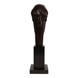 After Amedeo Modigliani - bronze sculpture modeled as a female face, upon a square base, overall H38cm