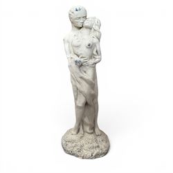 Pair of cast stone seat lions, male and female figure, and a miniature pair of cast stone lions