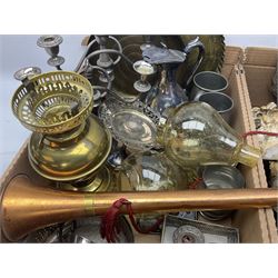 Quantity of metal ware to include silver-plate, brass and copper, to include horn, candlesticks, fire companion, together with miniature table with folding top, mirror, candelabras, pewter etc in two boxes