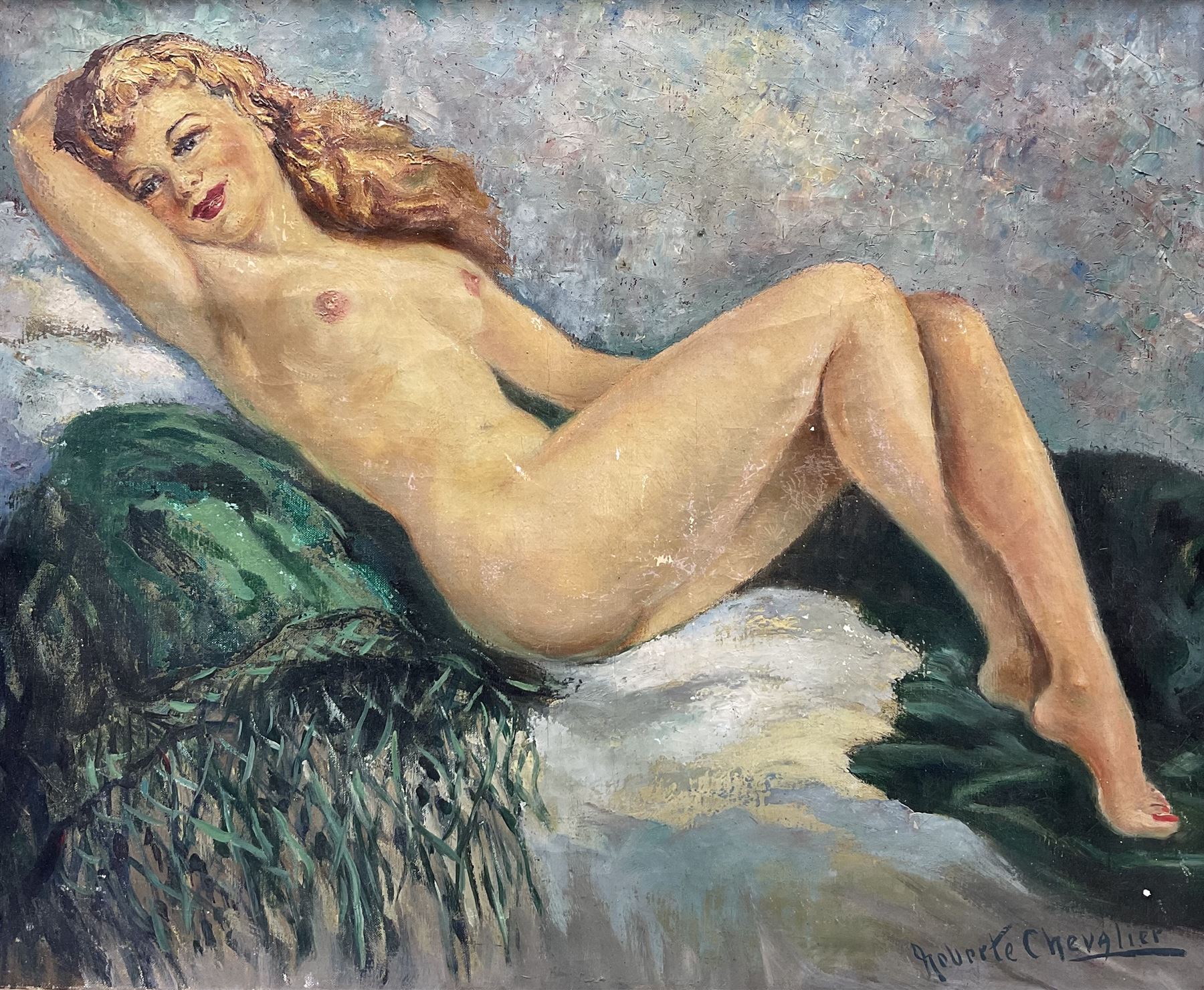 Roberte Chevalier (French 1907-2000): Reclining Female Nude 'Châle Vert', oil on canvas signed, titled verso 45cm x 54cm