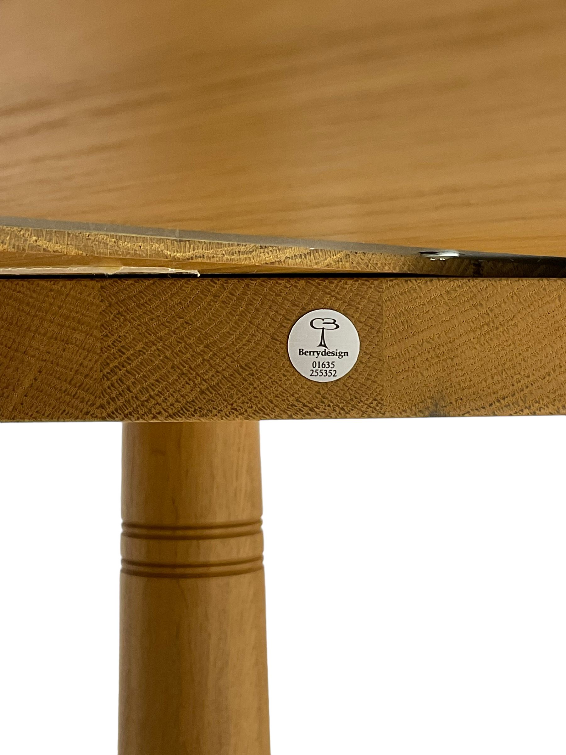 Chris Berry for Berrydesign - contemporary bespoke solid light oak dining table, circular top over ring turned triple pedestal with triform base