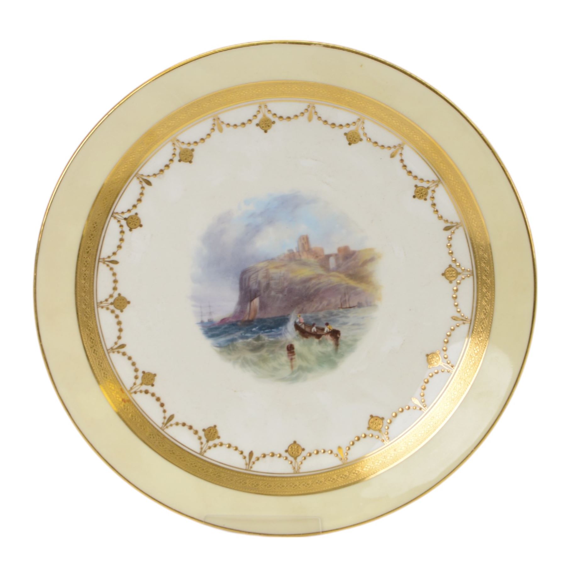 Six 19th century and later cabinet plates, including Royal Doulton example, the central panel decorated a with landscape signed T. Parton 