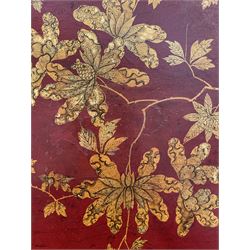 Early 19th century red lacquered papier-mâché tray by Clay of King Street Covent Garden, of rounded rectangular form, painted in gilt with large foliate sprays and butterflies, impressed verso CLAY KING ST COVENT GARDEN, W66.5cm D48.5cm
