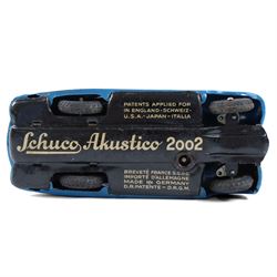 Schuco Akustico 2002 tinplate clockwork car, in blue with red interior, with key, boxed