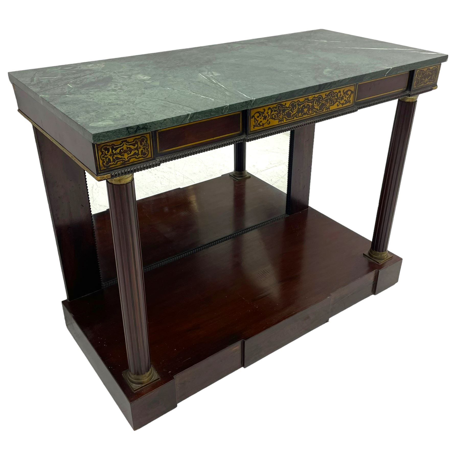 Late 19th century mahogany console or pier table, rectangular green marble top over a break-front frieze inlaid with brass scroll work panels, reed and ribbon gilt metal and wooden beaded applied mouldings, on turned and fluted front supports, plain mirror back over plinth platform base