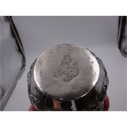 Burmese silver bowl, embossed with figural panels, C scrolls and floral decoration, H8.5cm