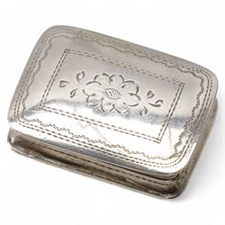 Victorian rectangular silver vinaigrette with inscription and floral engraving, hinged pierced grille  Birmingham circa 1840 Maker Nathaniel Mills