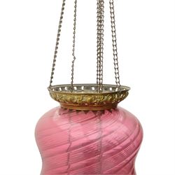 Cranberry glass ceiling oil lamp, of waisted form with metal mounts, 