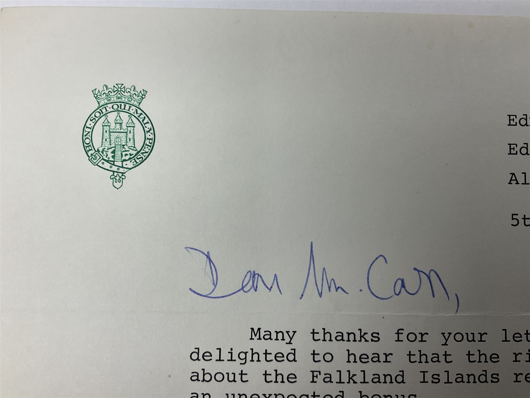 HRH Philip Duke of Edinburgh - typed letter on Edmonton Plaza Hotel Canada headed notepaper dated 5th August 1978 acknowledging receipt of a letter regarding Falklands Islands relics and postponement of an interview; signed 'Yours Sincerely Philip'
