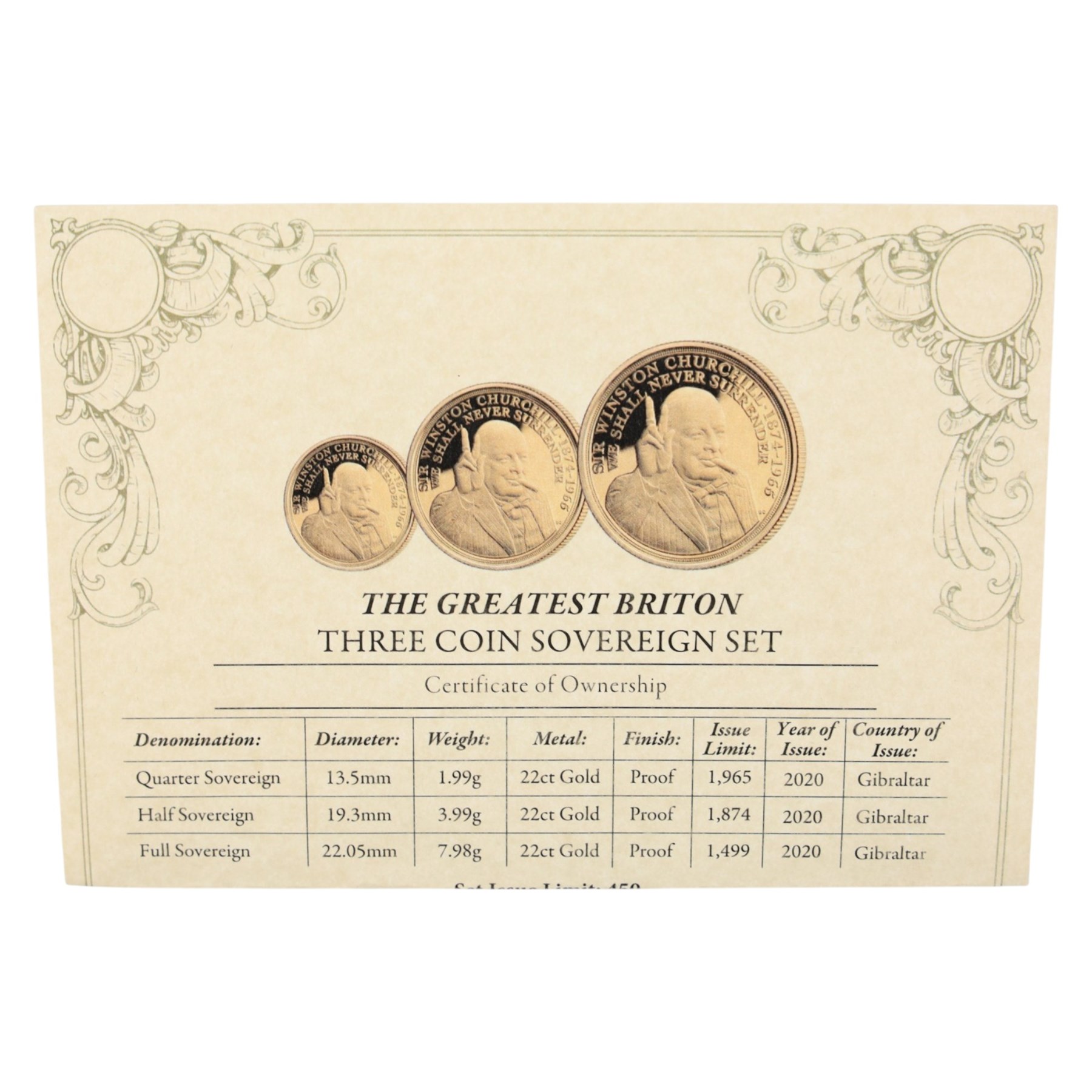 Queen Elizabeth II Gibraltar 2020 'The Greatest Briton' three coin sovereign set, full to quarter sovereign, issued by The London Mint Office, cased with certificate