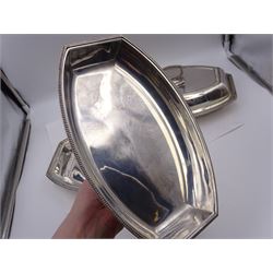 Pair of 1930s silver serving dishes with covers, each with removable handles, hallmarked Barker Brothers Silver Ltd, Birmingham 1935, L27.5cm, H12cm