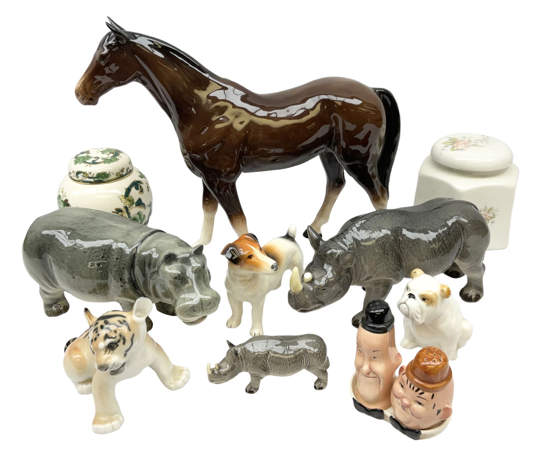 Beswick model of a seated bulldog, model no. 1872, Beswick Laurel & Hardy cruet set on stand, no. 575, Melba Ware animal figures to include large horse, hippo, rhino, USSR tiger cub figure, other ceramics to include Mason's lidded jar etc