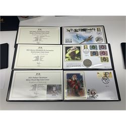 Commemorative coins and covers, including '80th Anniversary of the Battle of Britain' coin cover with Solomon Islands 2020 half dollar, 'Royal National Lifeboat Institution' coin cover with Alderney 2021 five pounds, 'Queen Elizabeth II's 95th Birthday' coin cover with Solomon Islands 2021 half dollar, other similar coin covers all in Harrington and Byrne folders, The Royal Mail 'HM The Queen's 95th Birthday' coin cover with 2021 five pounds and Queen Elizabeth II Isle of Man 2020 'Peter Pan' fifty pence coin collection in card folder