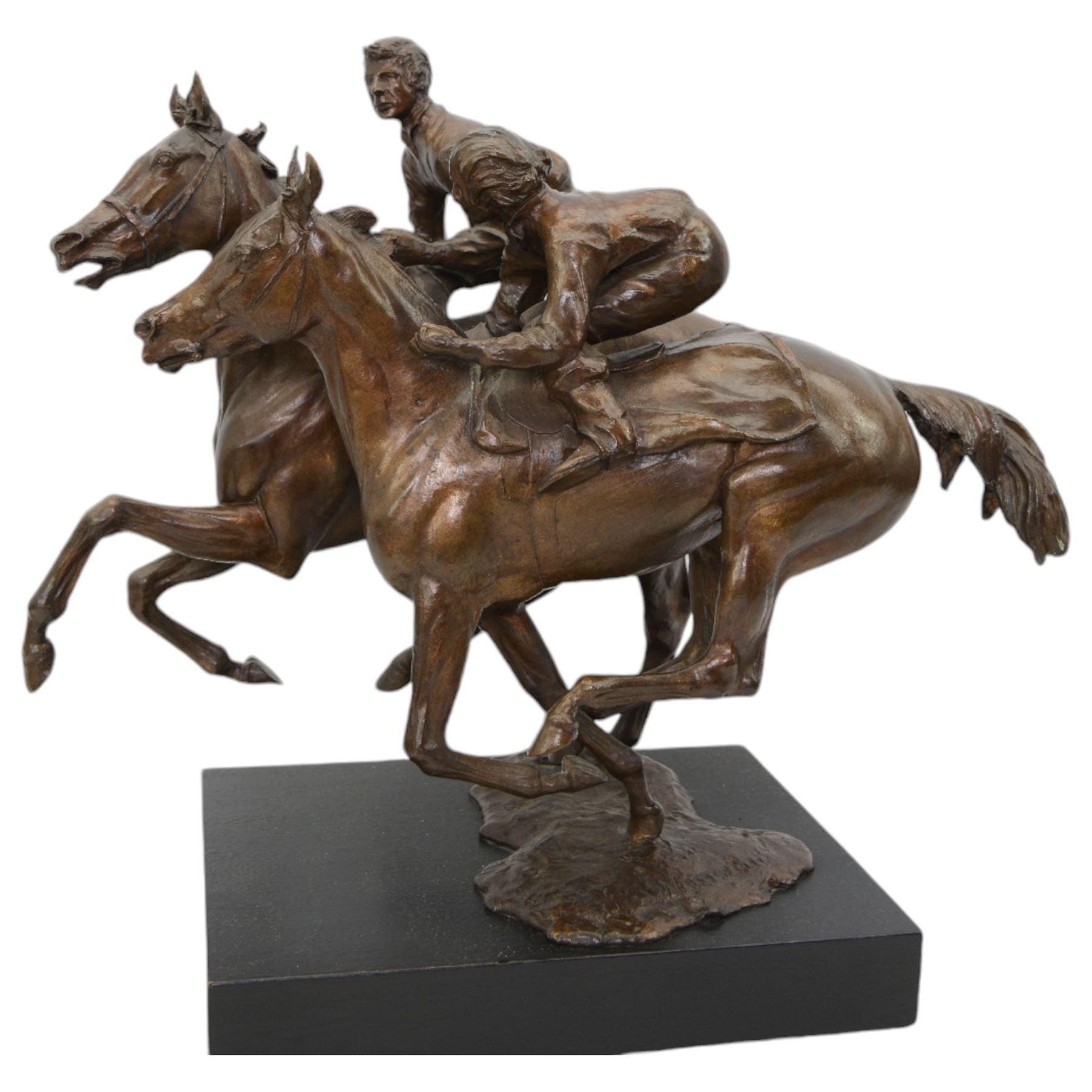 Bernard Winskill  (d1980) - 'Upsides on High Moor' a bronze group of two horses and riders, signed, on wooden base 45cm x 48cm