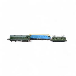Three 0 gauge locomotives, comprising Triang Hymek 3-rail example, Model Express British Railways Class 20 diesel locomotive D8014 and a French JEP SNCF BB-8101 0-4-0 example