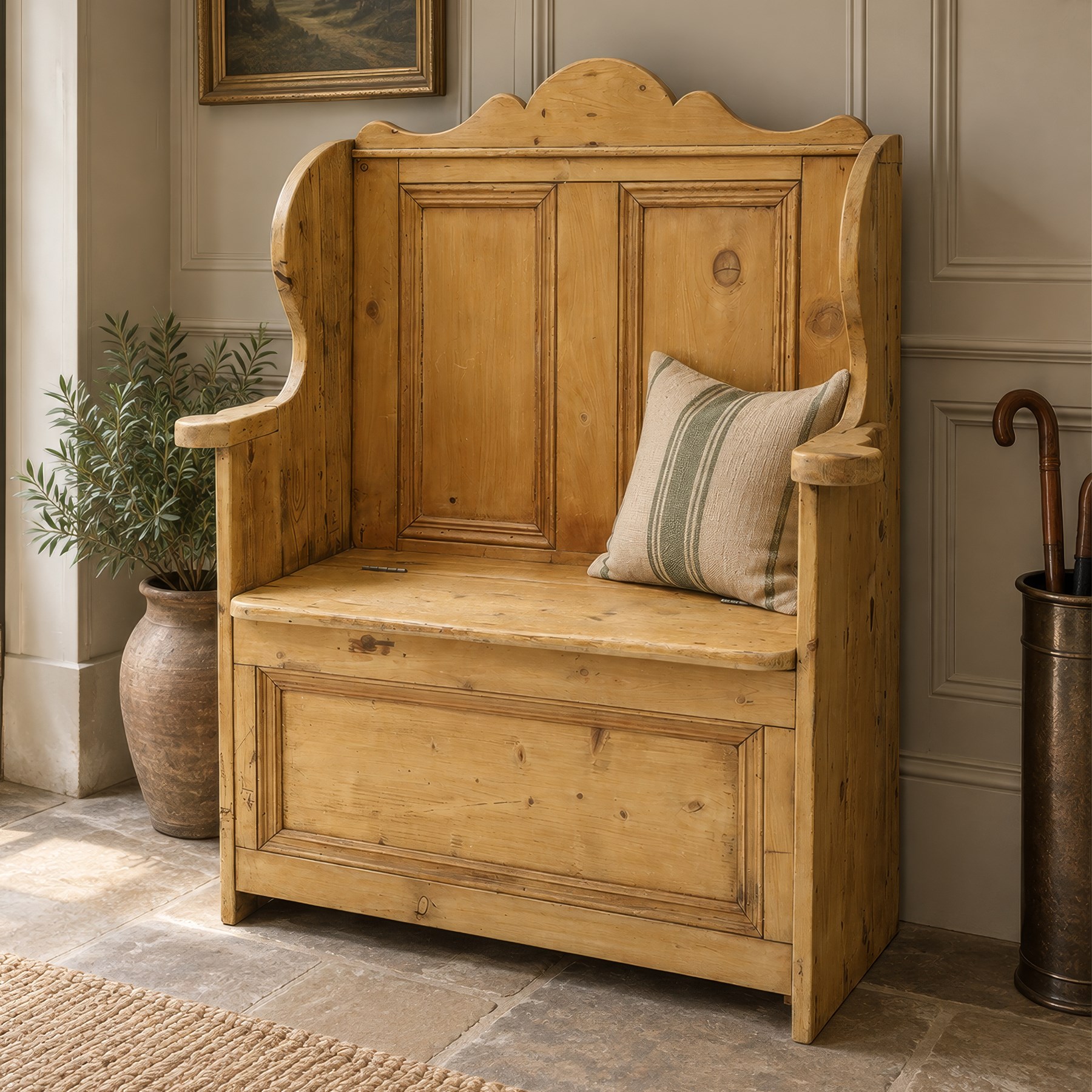 Victorian waxed pine settle or hall bench, shaped cresting rail over double panelled back, outswept arms on hinged box-seat, on end supports