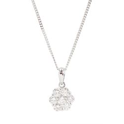 18ct white gold seven stone round brilliant cut diamond daisy flower head cluster pendant, on 9ct white gold chain, total diamond weight approx 0.95 carat