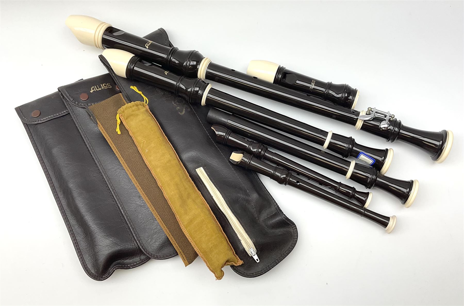 Set of four Japanese Aulos recorders including Soprano, largest 63cm