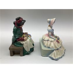 Group of figures, comprising six Royal Doulton examples, Daydreams HN1731, Silks and Ribbons HN2017, Tom Sawyer HN2926, Marie HN1370, Bo-Peep HN1811, and Tinkle Bell HN1677, together with a Dresden type 'lace' example, and a Coalport 'Swiss Cottage', (8)