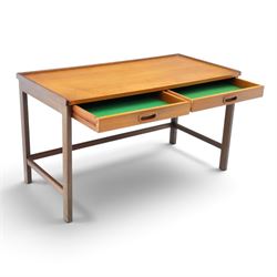 Danish mid-20th century teak small console table, fitted with two baize lined drawers, raised on square supports united by stretchers