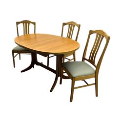G-Plan - mid-20th century teak extending dining table, oval top with concealed central butterfly leaf extension, raised on splayed supports with cross-stretcher; three dining chairs with curved top rail and vertical splats