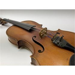 French Mirecourt violin c1920s with 36cm one-piece maple back and ribs and spruce top, labelled Jermone Thibouville-Lamy, L59cm, in fitted carrying case with German bow and 1984 valuation certificate by Frome Valley Music