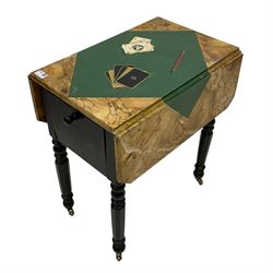 Victorian ebonised drop-leaf pot cupboard with later trompe l'oeil painted top, depicting marbled surface with baize cloth, playing cards and pencil, fitted with two drawers to one end and cupboard to the other with marble inset, on turned and faceted supports with brass castors