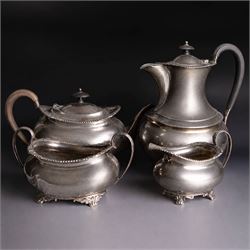 Early 20th century four piece silver tea service, comprising teapot, hot water pot, open s...