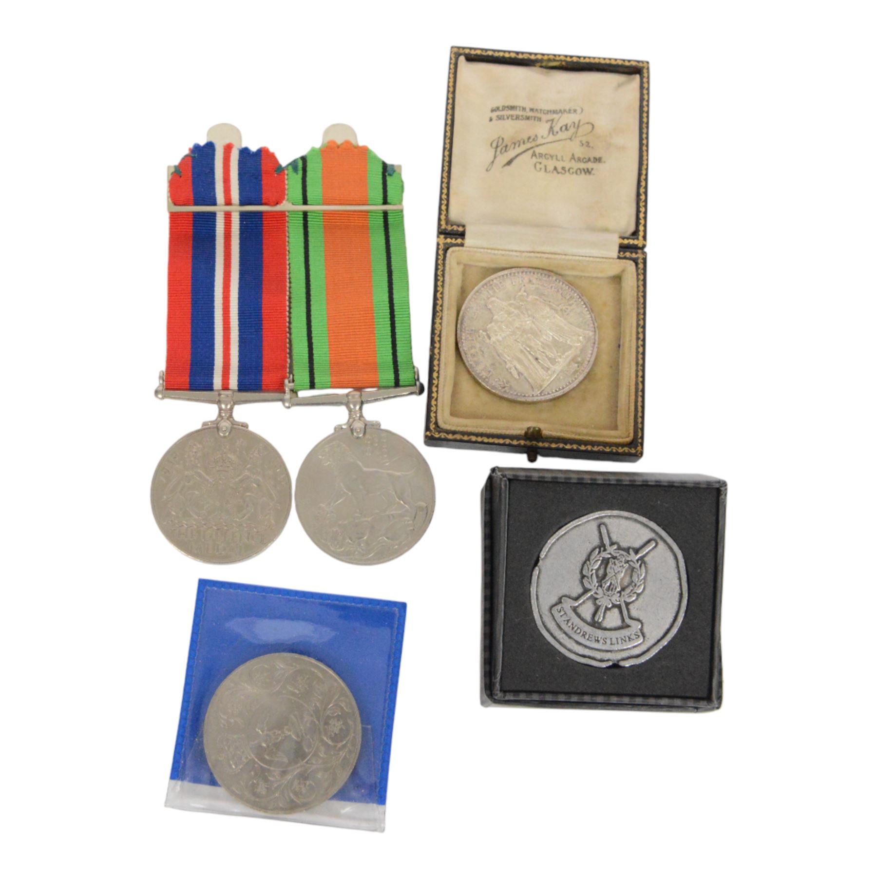 World War I victory and war medals, World War II victory and defence medals, collection of coins and medallions, two pen knives, silver and costume jewellery