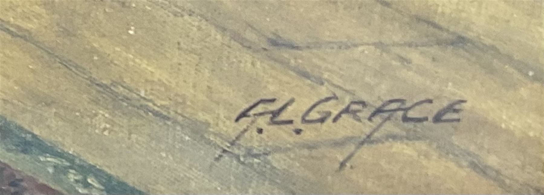 A L Grace (British 20th century): The Connoisseur and the China Cupboard, oil on canvas signed, the canvas stamped 'Prepared by C Roberson & Co Ltd, 71 Parkway, London NW1' (used 1939/67), 60cm x 50cm