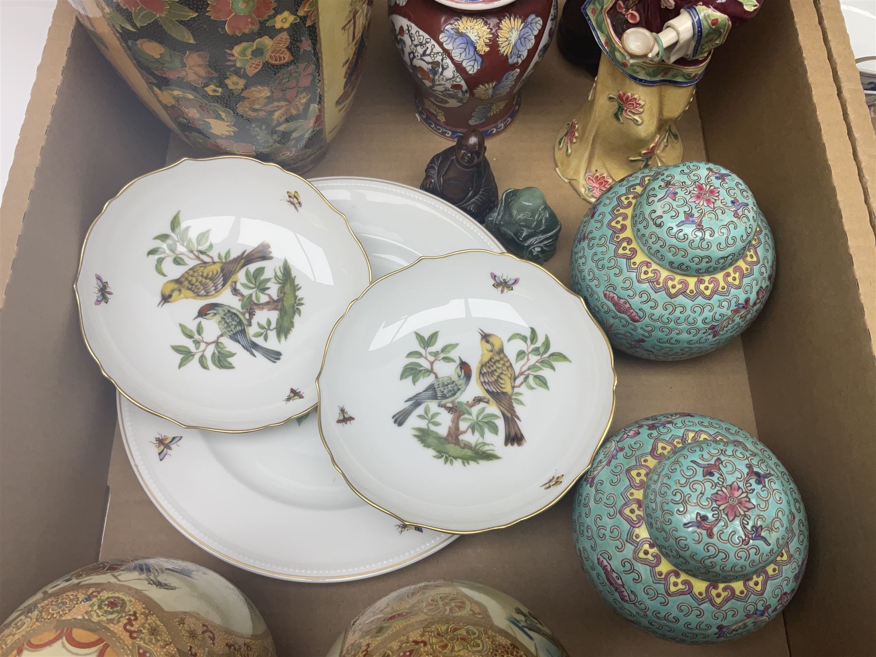 Pair of ginger jars, together with oriental figure, Kaiser plates, glassware etc, in two boxes 