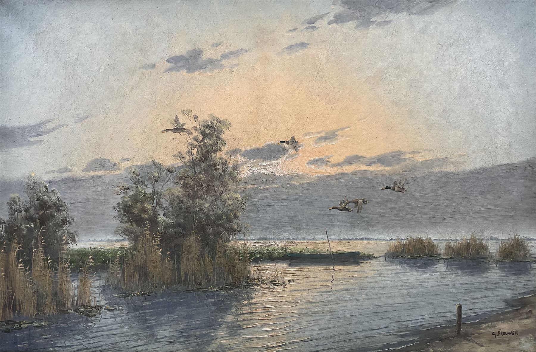 Gerard Brouwer (Dutch 1938-): Mallards in Flight, oil on canvas signed 59cm x 88cm 