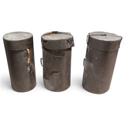 Three conga drums, comprising two Excelsior A. Salvadori Firenze stave-built wooden congas and one similar French example, with skin heads and metal tension mounts, on metal stands with hard carry cases for drums, tallest H79cm, D31cm