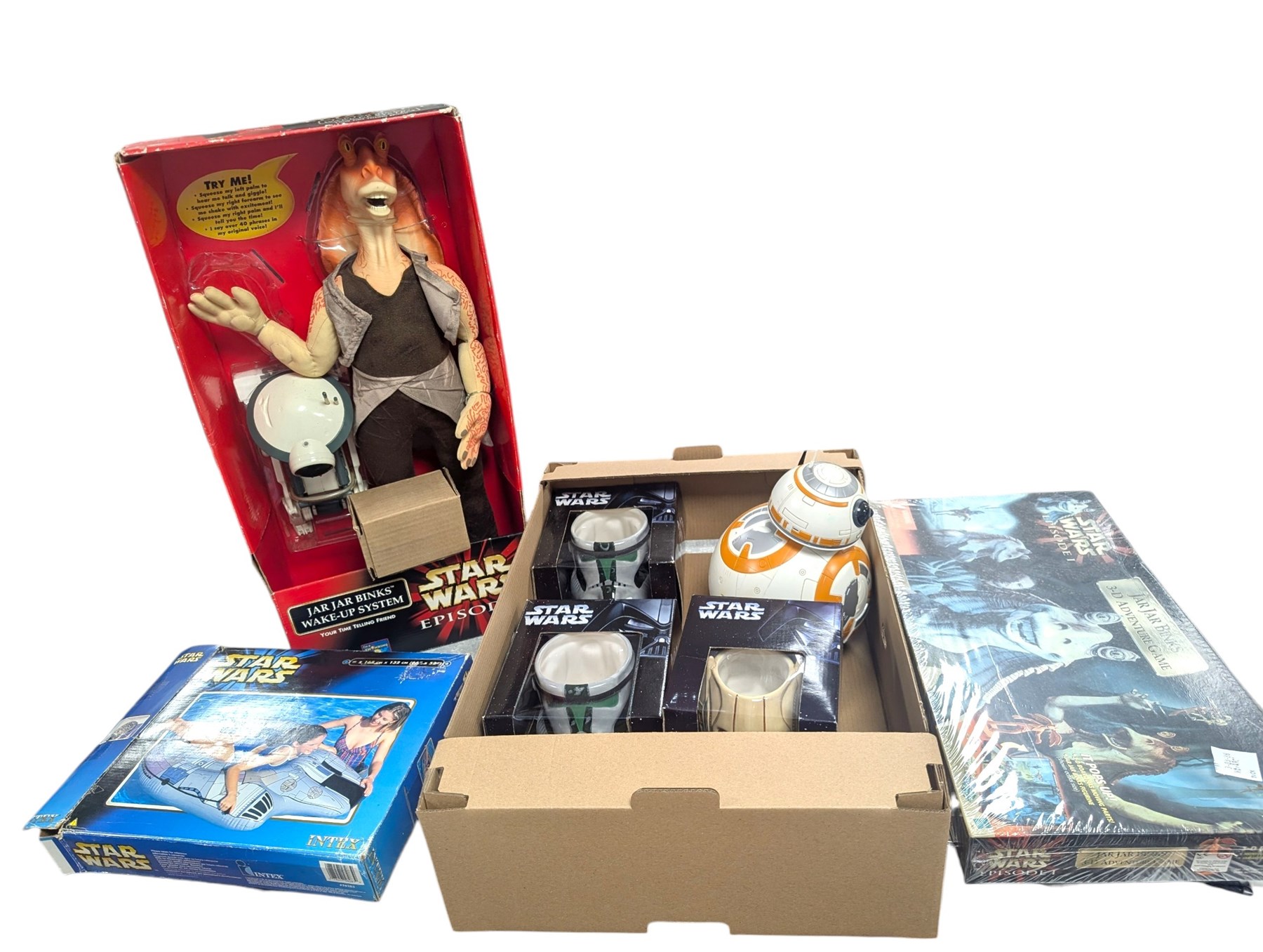 Star Wars collectables, including Episode I Jar Jar Binks Wake Up System, BB8 model, Jar Jar Binks Adventure game, Revenge of the Sith Masterworks and three Cards Inc figural mugs