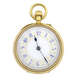 Swiss 18ct gold open face keyless cylinder fob watch, white enamel dial with Arabic numerals, back case No. 620122 with monogramed initials, stamped 18c with Helvetia hallmark