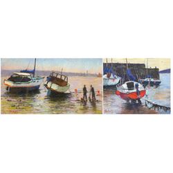 Chris Blake (Australian/British 20th century): 'Harbour Scene' and 'Secret Men's Business', two pastels signed, titled verso max 32cm x 52cm (2)