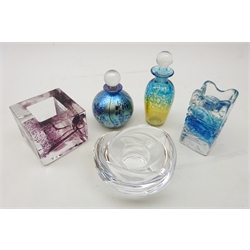  Andrew Sanders art glass scent bottle, signed, H15cm, Isle of Wight iridescent glass scent bottle, Sanders & Wallace glass tea light holder and two others by Kosta Boda and Orrefors (5)  