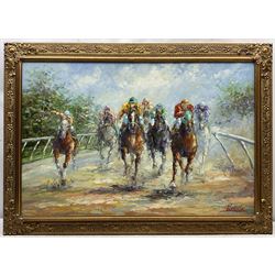 Impressionist School after LeRoy Neiman (American 1921-2012): Racing Horses, oil on board signed 'Rogers', 60cm x 90cm