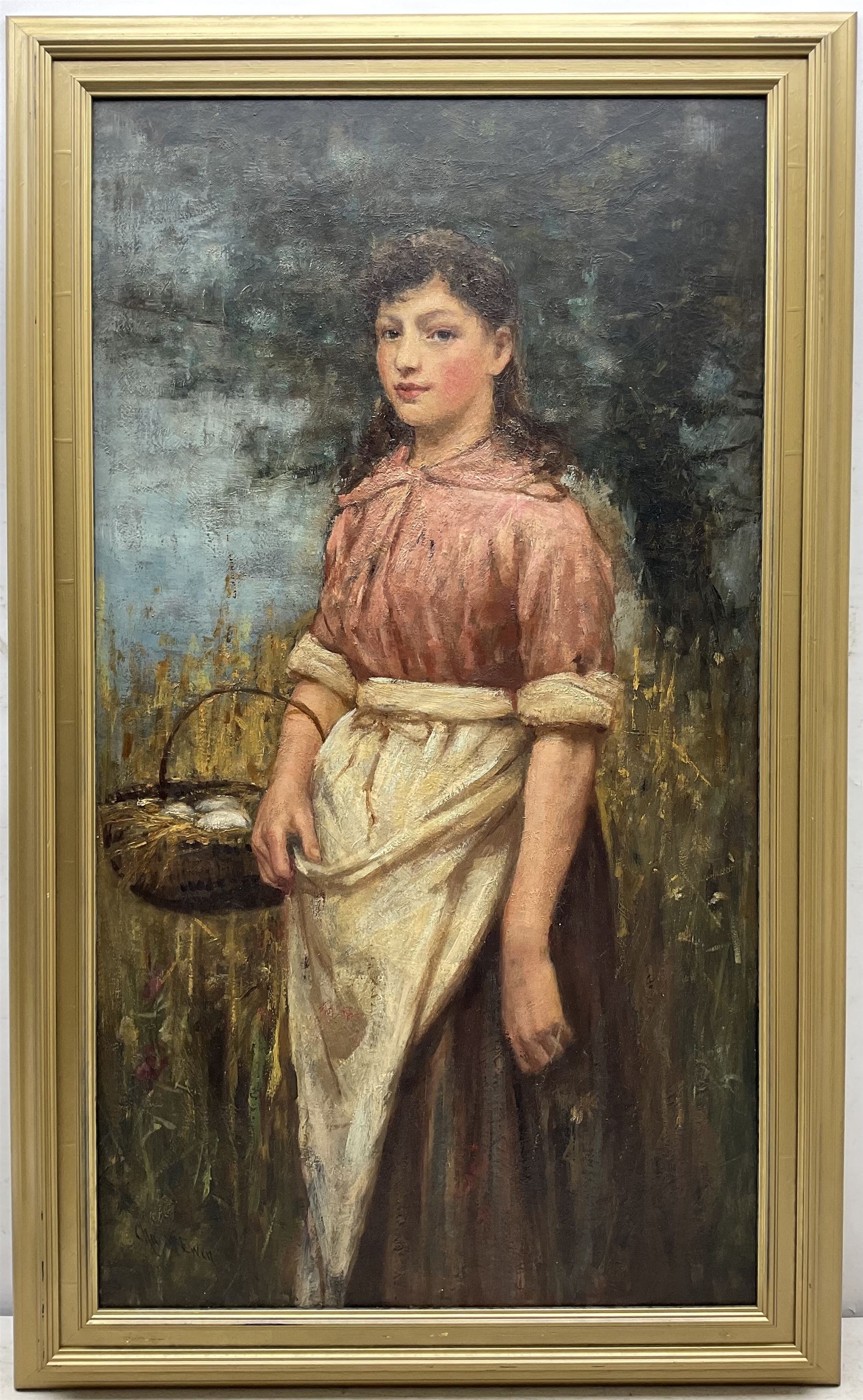 Charles McEwen (Scottish 1843-1892): Young Girl Collecting Eggs, oil on board signed 80cm x 44cm