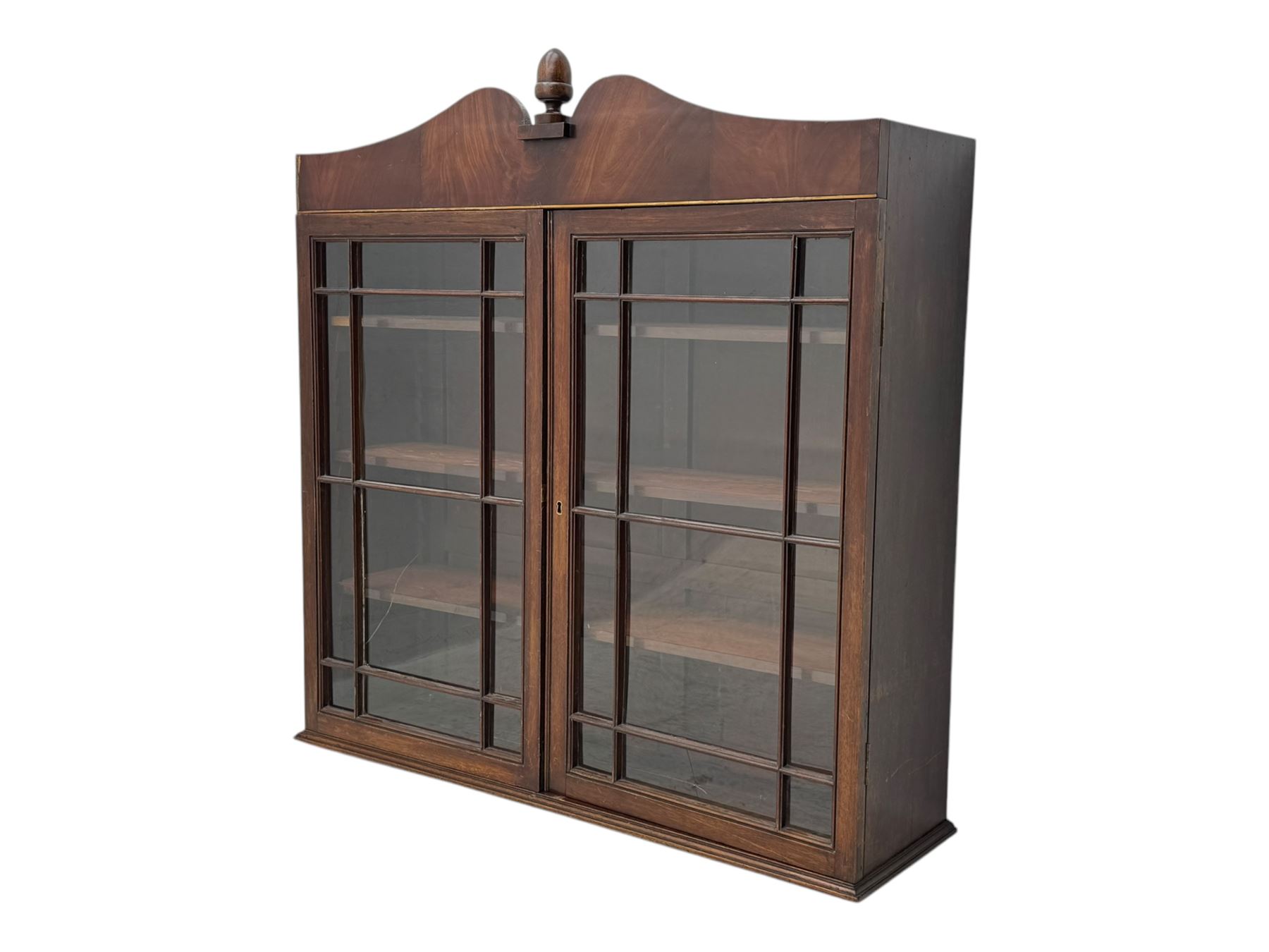 19th-century mahogany bookcase top with two glazed doors and pediment with acorn finial 