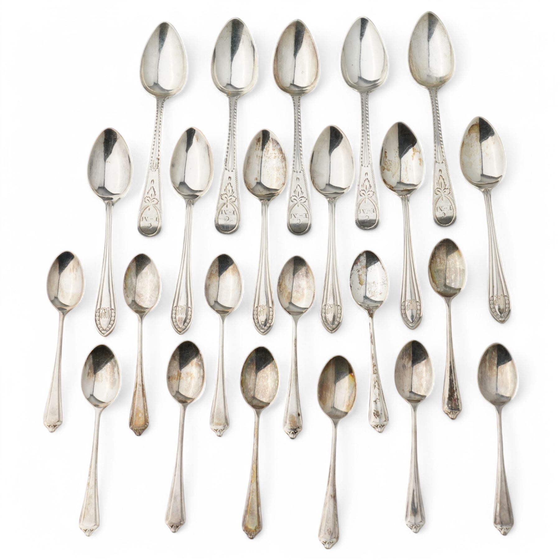 Set of twelve silver coffee spoons with shaped finials Birmingham 1956, set of six silver teaspoons engraved with initials Sheffield 1932 and five George III teaspoons London 1808 Maker Peter and William Bateman