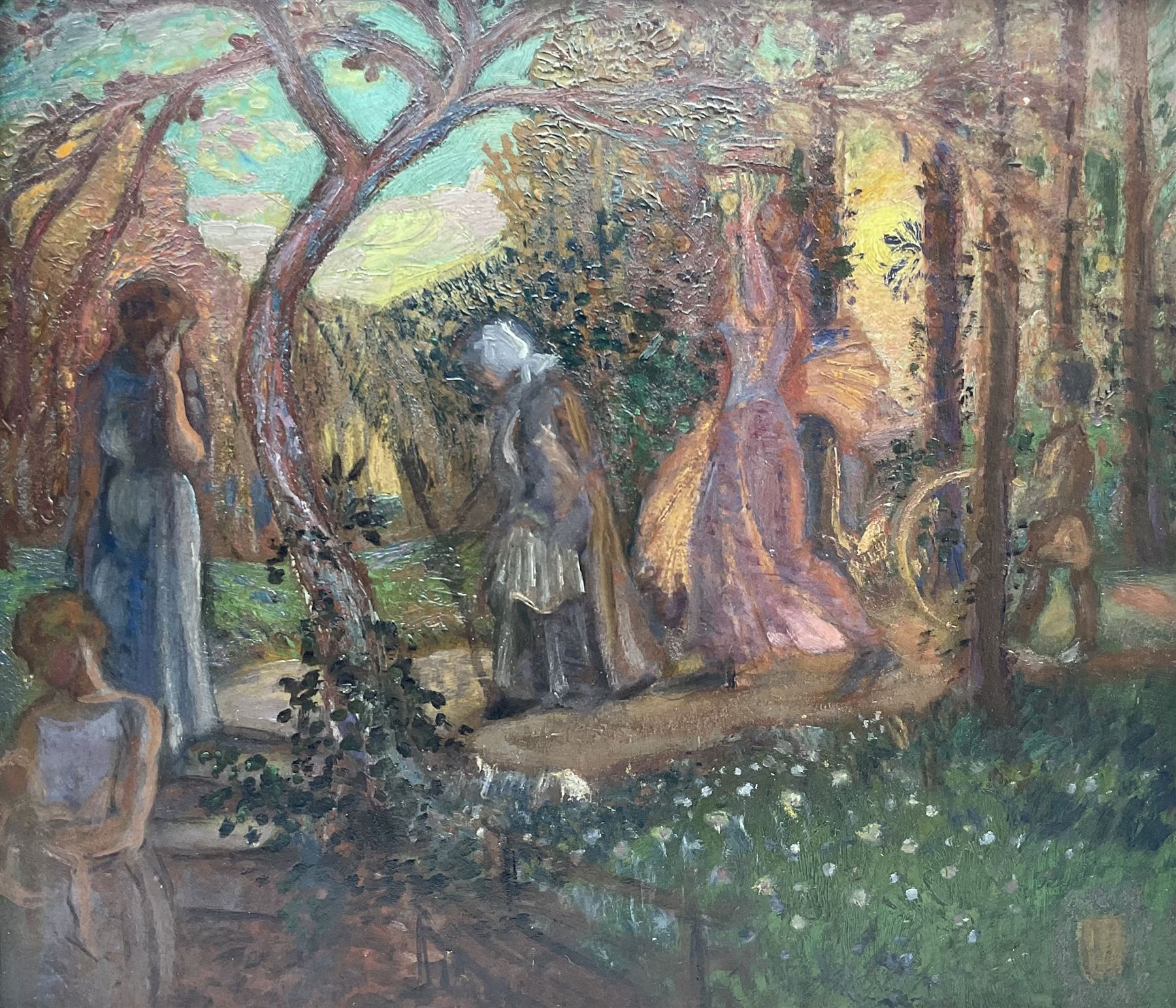James Joshua Guthrie (Scottish 1874-1952): Figures in the Woods, oil on board unsigned, attributed verso 46cm x 52cm
