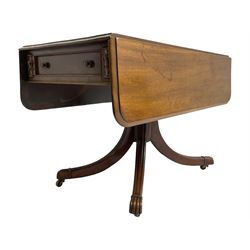 19th century mahogany Pembroke table, moulded drop-leaf rectangular top with rounded corners, fitted with single end drawer, turned pedestal on four reed moulded supports, brass castors