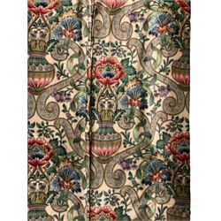 Two pairs of lined curtains, ivory ground fabric decorated with jardinieres of flowers spaced by scroll motifs, W329cm, fall 237cm (2)