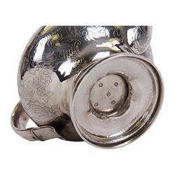 Victorian silver teapot, the body of bulbous form engraved with named cartouche and surrounded by flower heads and foliate scrolls, with capped strap handle with ivory insulator, and melon foliage mounted finial to the hinged lid, upon a circular stepped foot, hallmarked Francis David Dexter, London 1841, H17cm

This item has been registered for sale under Section 10 of the APHA Ivory Act