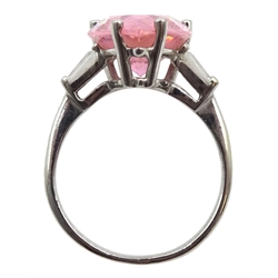 White gold pear shaped pink stone and cubic zirconia ring, stamped 14K