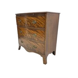 George III mahogany bow-front chest, moulded edge, fitted with brushing slide over three cock-beaded drawers